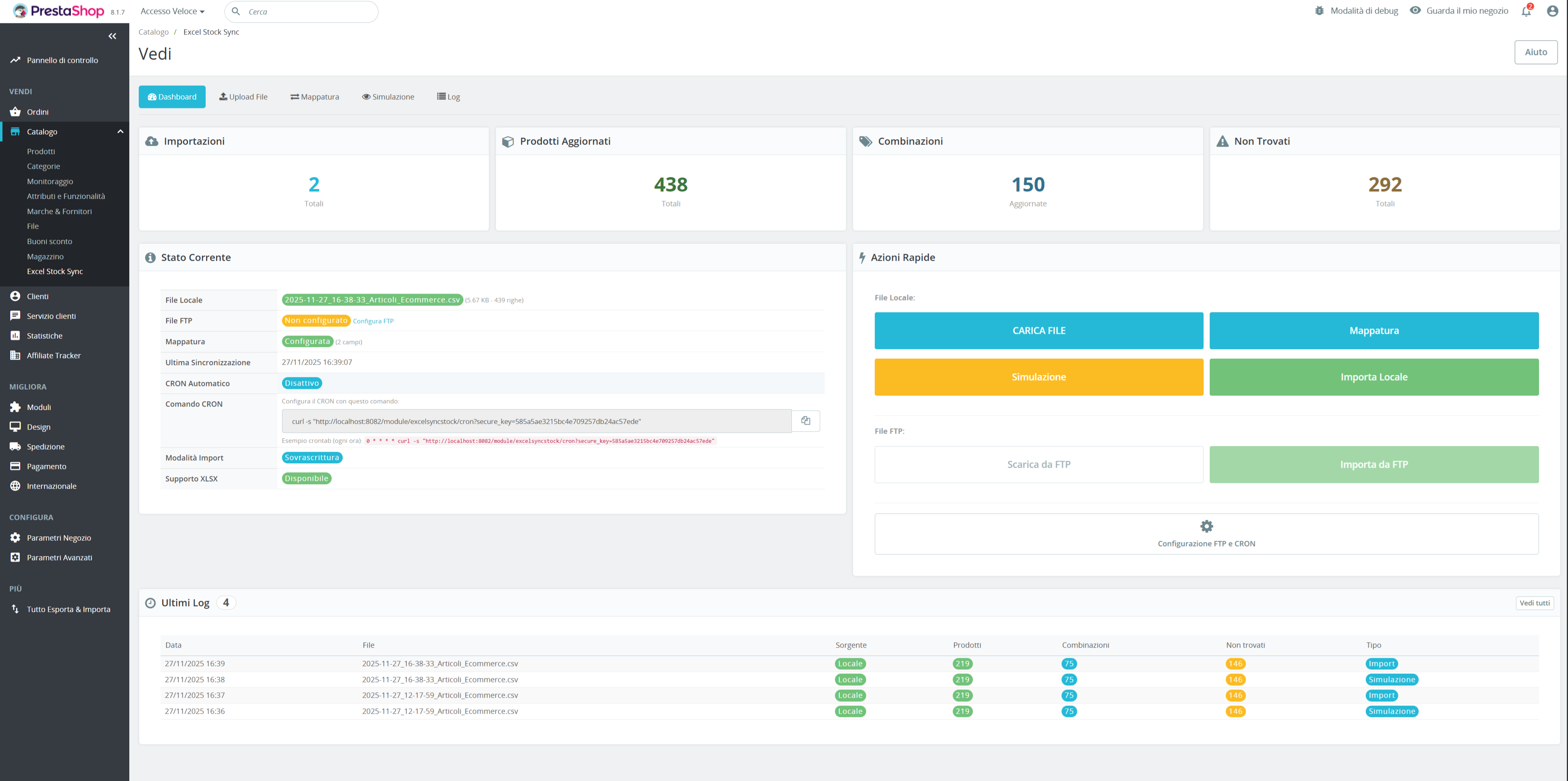 Excel Stock Sync - Dashboard PrestaShop